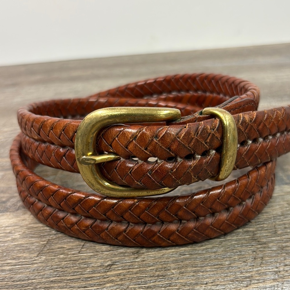 Coach 5922 Tan Braided Leather Belt Solid Brass Buckle 40” 100cm